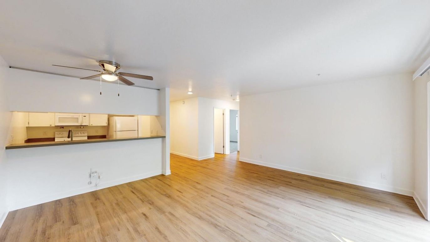 Empty room, Interior, Kitchen, Recessed Lighting, Wood Texture Flooring