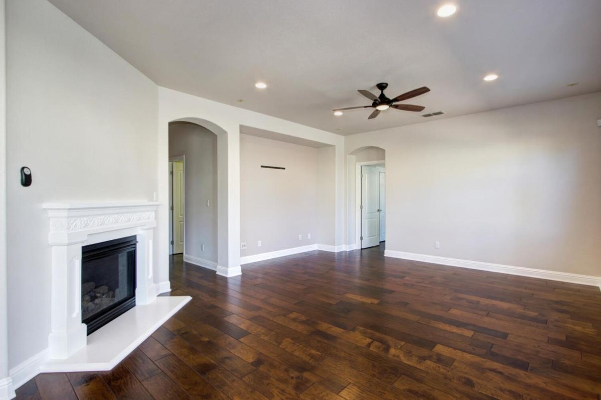 Empty room, Fireplace, Interior, Recessed Lighting, Wood Texture Flooring