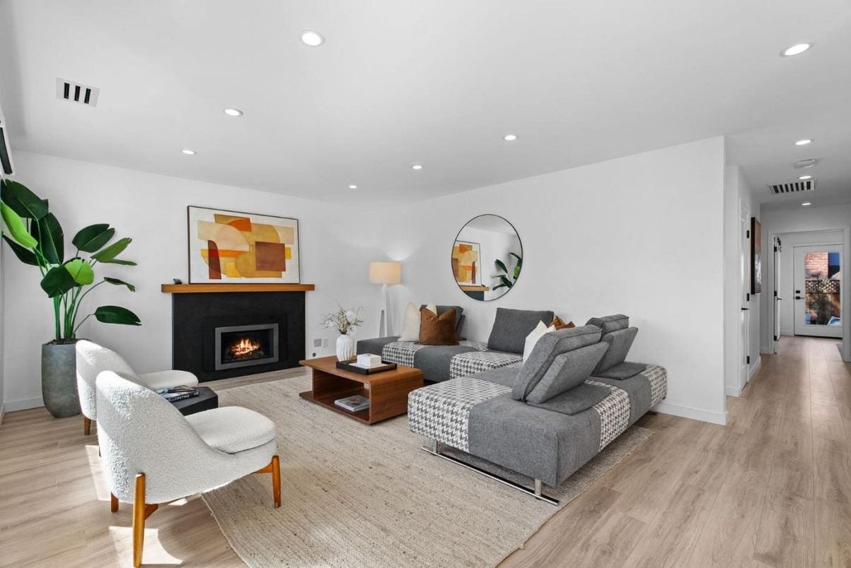 Fireplace, Interior, Living room, Recessed Lighting, Wood Texture Flooring