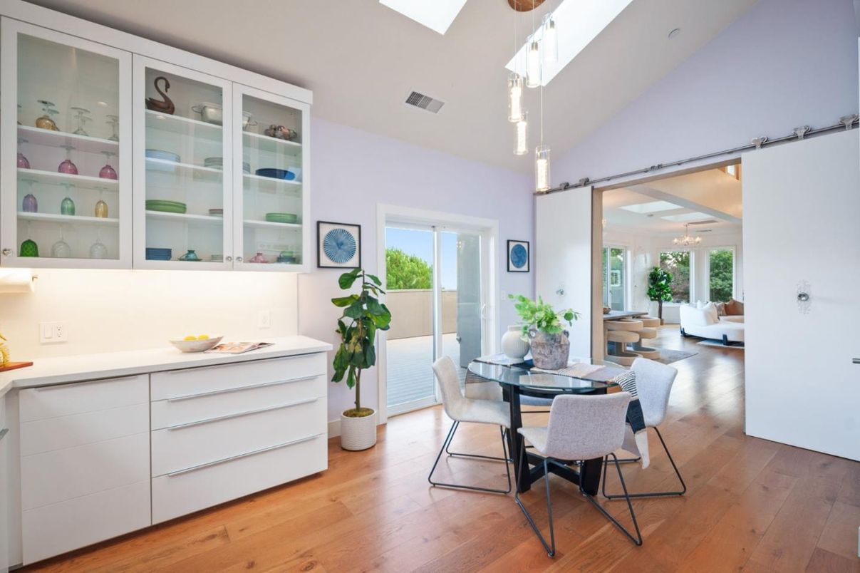 Dining room, Interior, Pendant Lights, Wood Texture Flooring