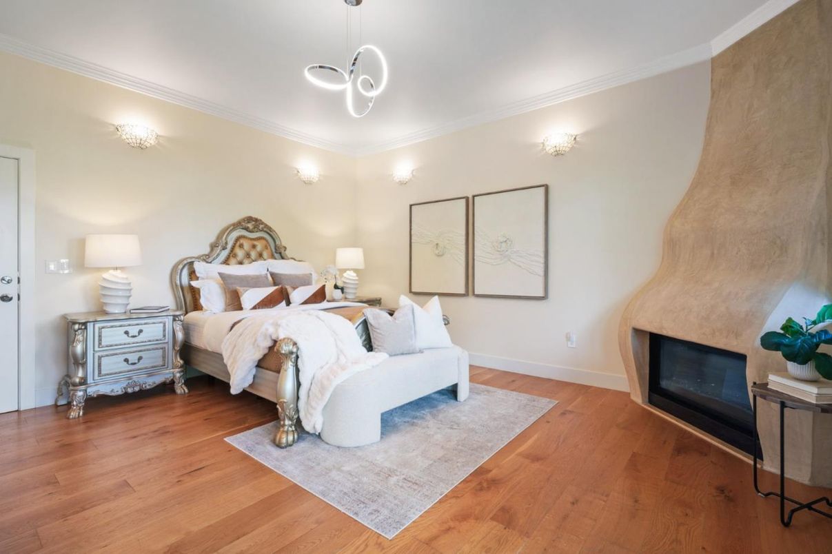 Bedroom, Fireplace, Interior, Pendant Lights, Wood Texture Flooring