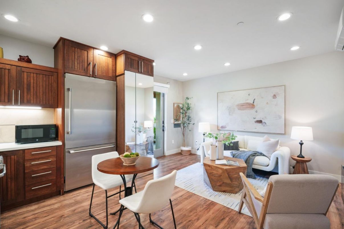 Dining room, Interior, Kitchen, Living room, Recessed Lighting, Stainless Steel Appliances, Wood Texture Flooring