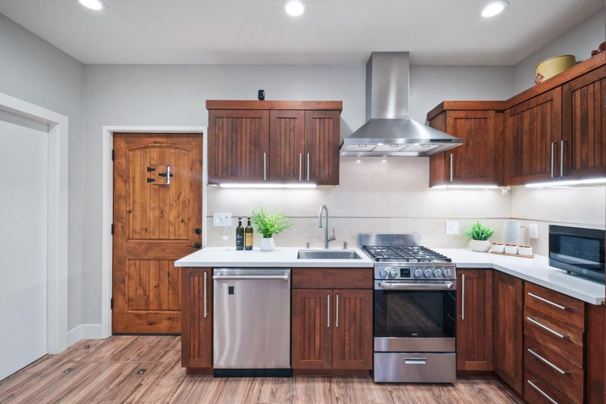 Interior, Kitchen, Recessed Lighting, Stainless Steel Appliances, Wood Texture Flooring