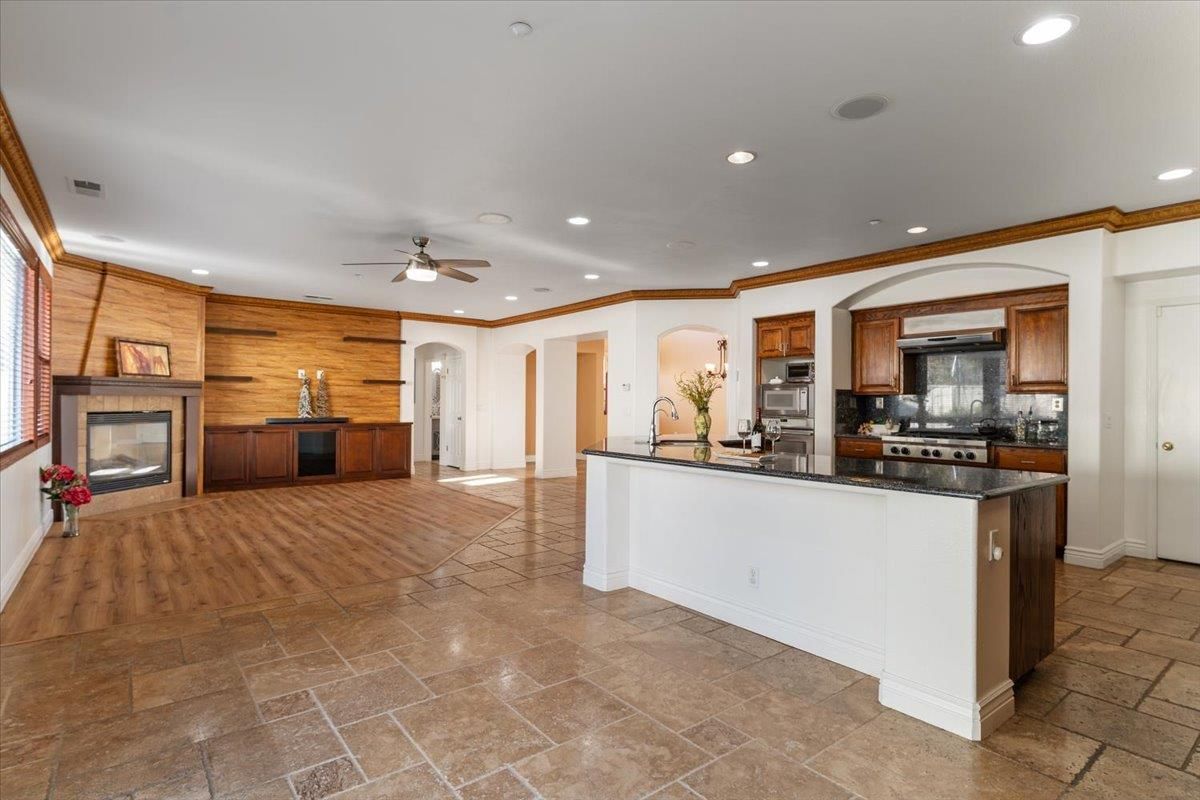 Fireplace, Interior, Kitchen, Recessed Lighting, Stainless Steel Appliances