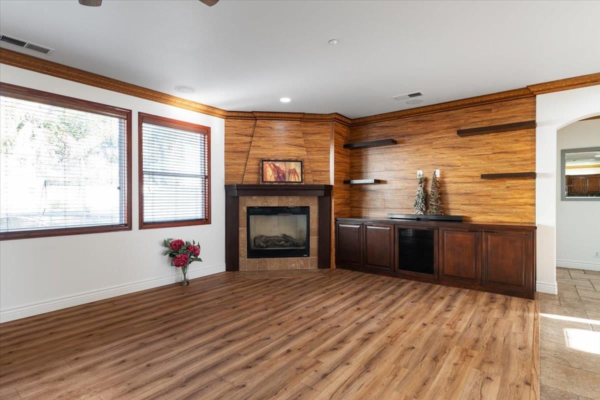 Fireplace, Interior, Recessed Lighting, Wood Texture Flooring, Wooden Walls
