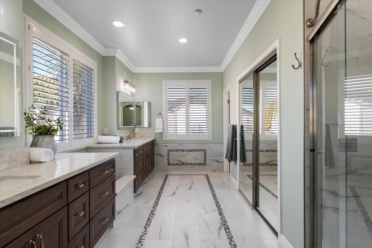 Bathroom, Dual Sink Vanities, Glass Shower, Interior, Marble, Recessed Lighting