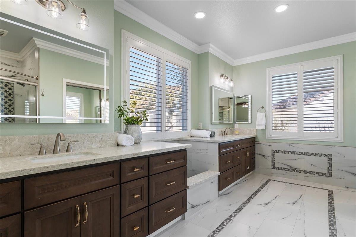 Bathroom, Dual Sink Vanities, Interior, Marble, Recessed Lighting