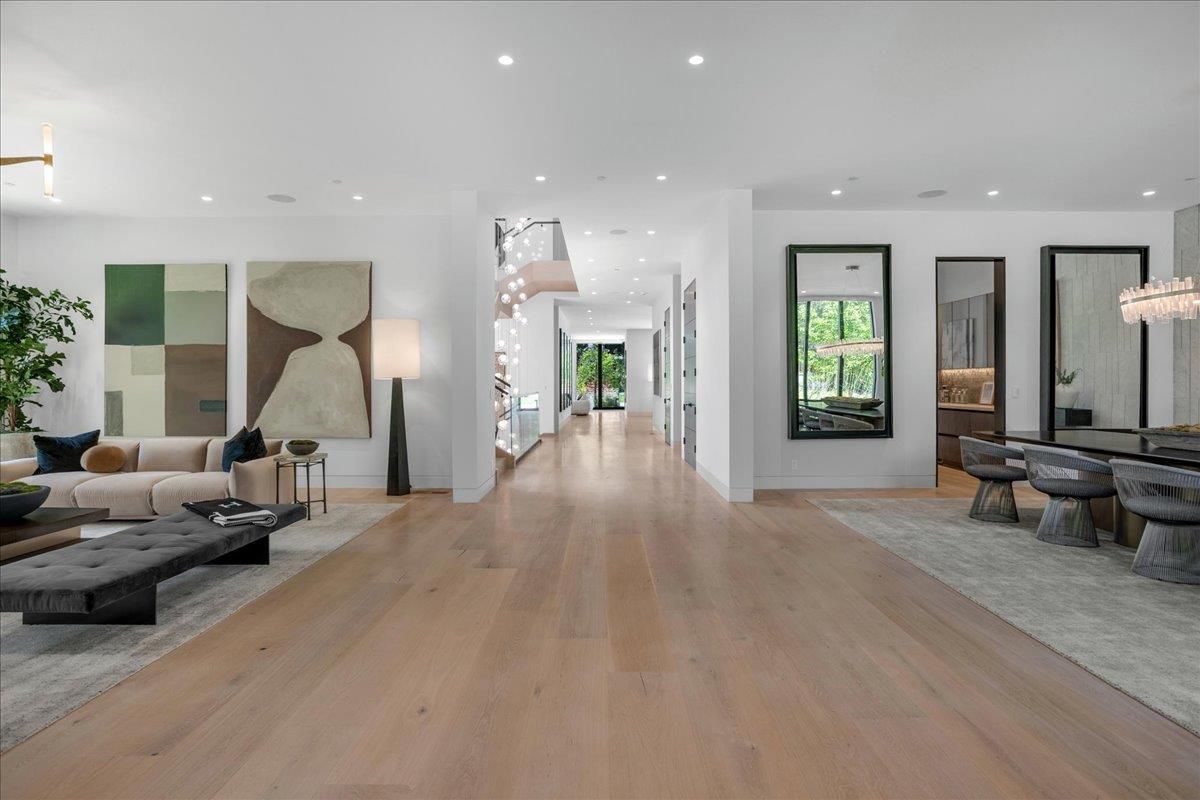 Dining room, Interior, Living room, Pendant Lights, Recessed Lighting, Wood Texture Flooring