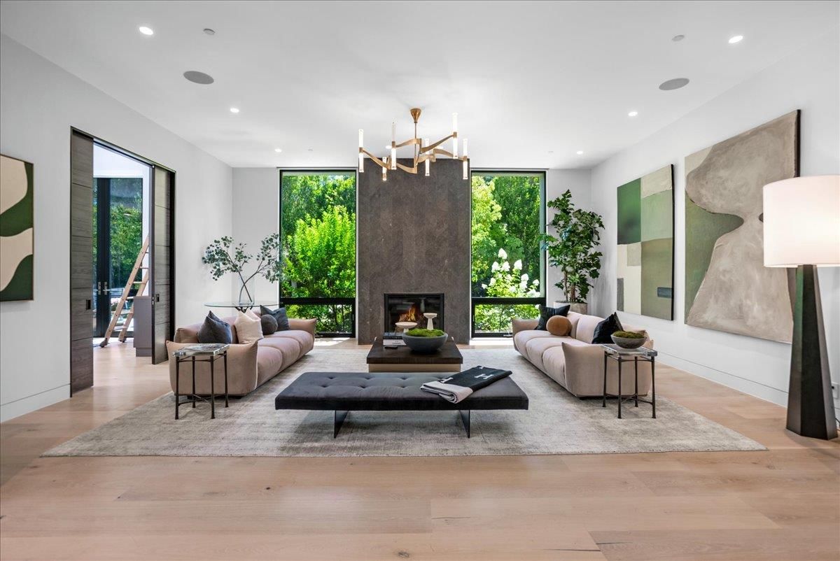 Fireplace, Interior, Living room, Recessed Lighting, Wood Texture Flooring