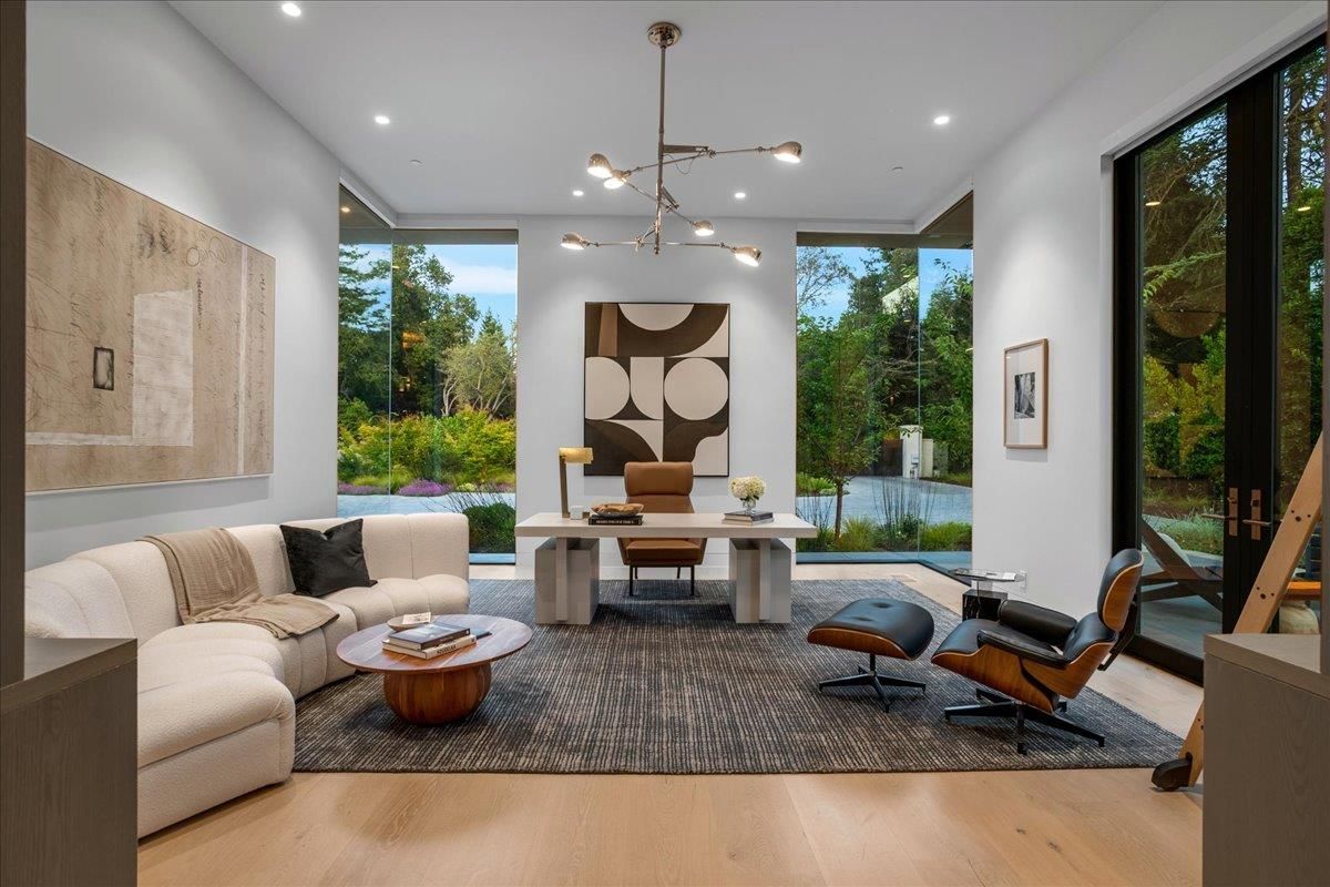 Home Office, Interior, Living room, Pendant Lights, Recessed Lighting, Wood Texture Flooring