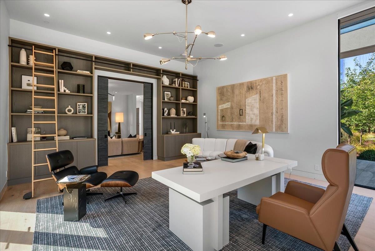 Home Office, Interior, Living room, Pendant Lights, Recessed Lighting, Wood Texture Flooring