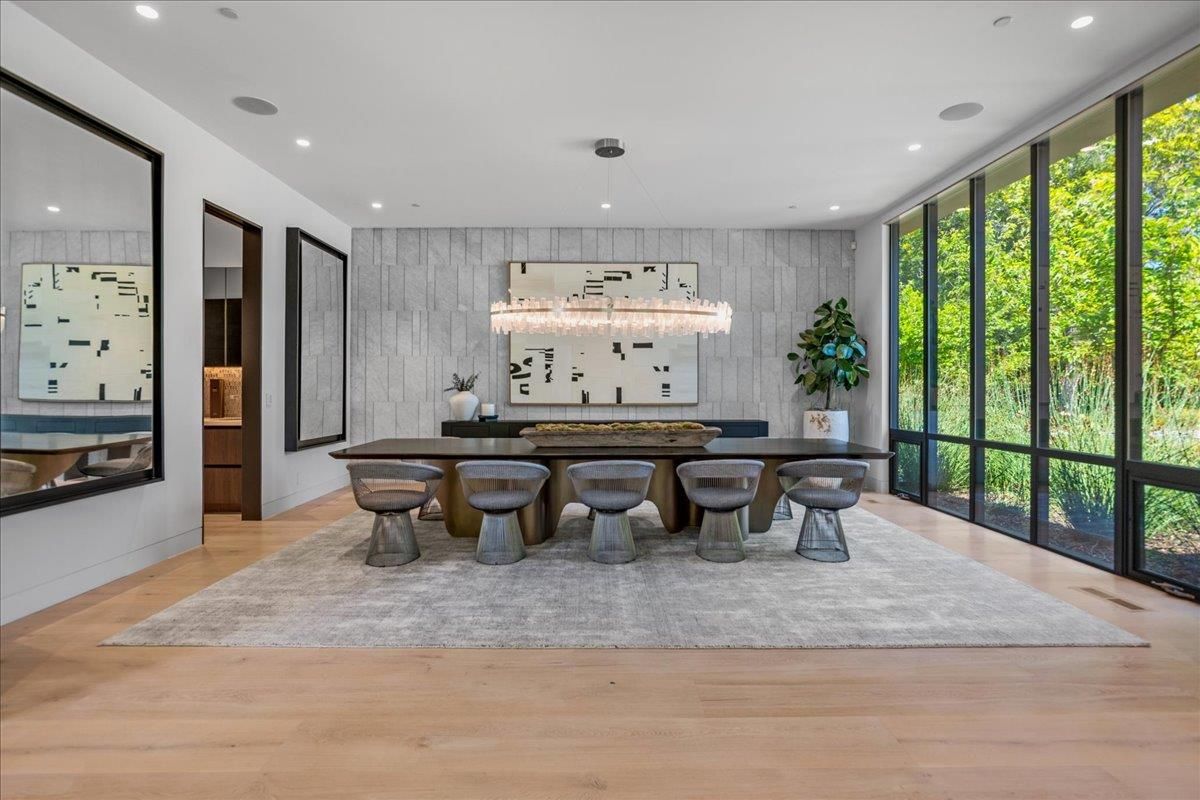 Dining room, Interior, Pendant Lights, Recessed Lighting, Wood Texture Flooring