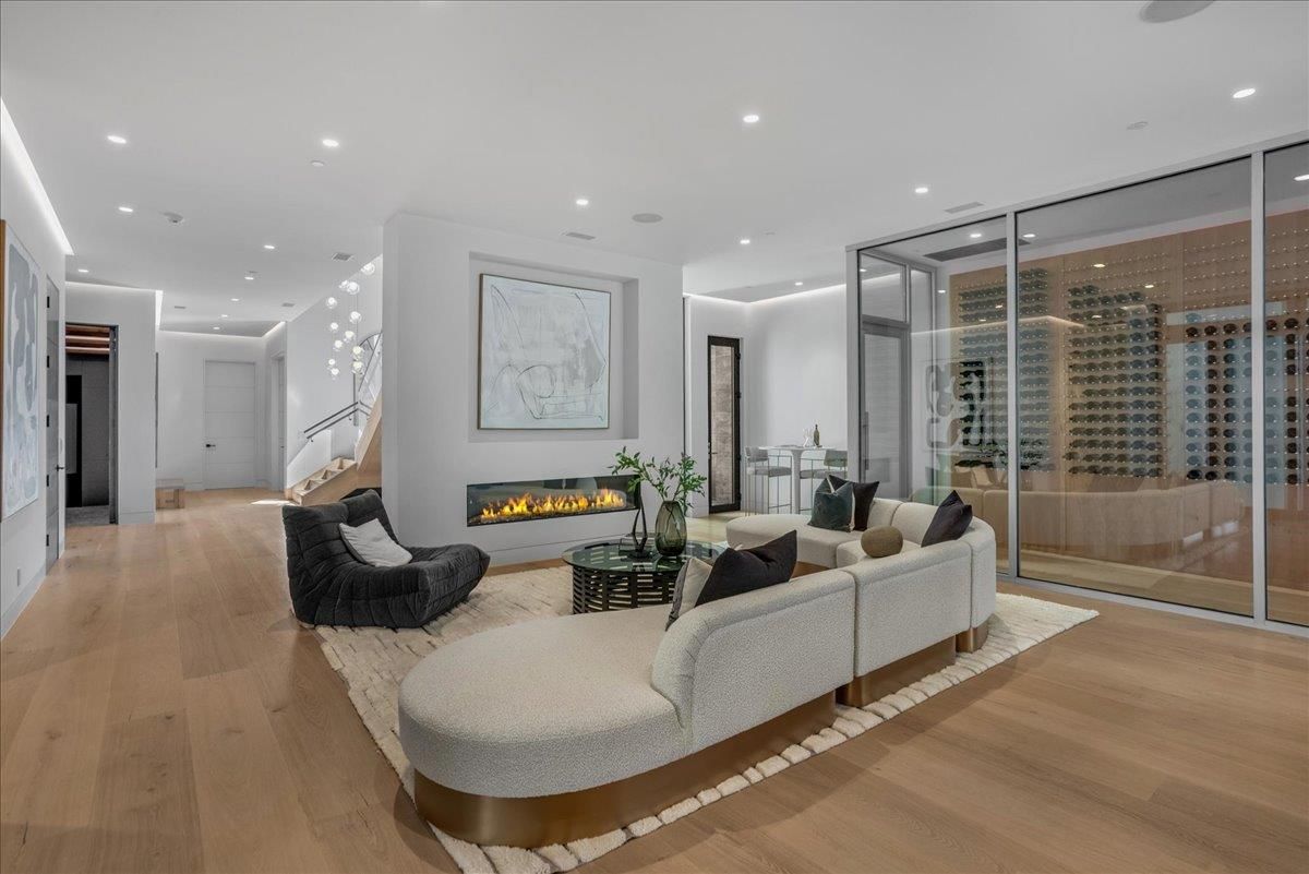 Fireplace, Interior, Living room, Recessed Lighting, Wood Texture Flooring