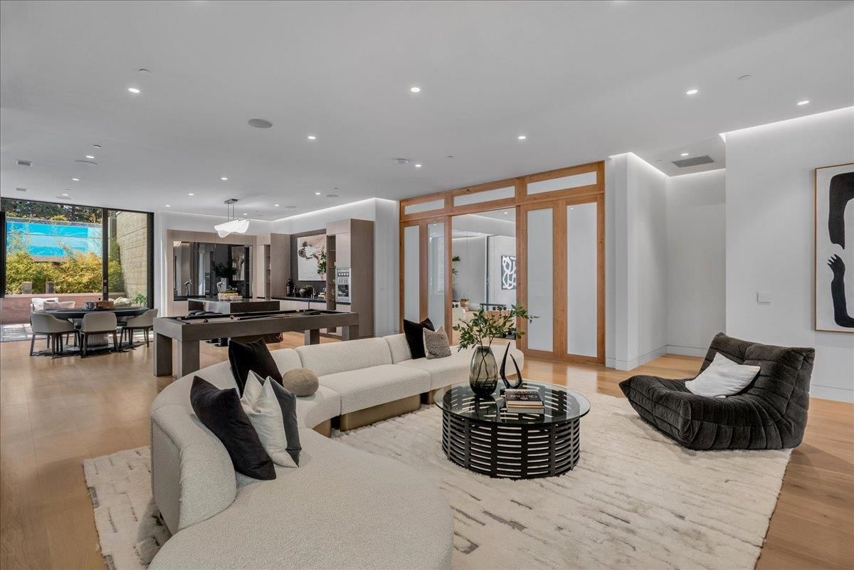 Billiard Table, Dining room, Game Room, Interior, Living room, Pendant Lights, Recessed Lighting, Wood Texture Flooring