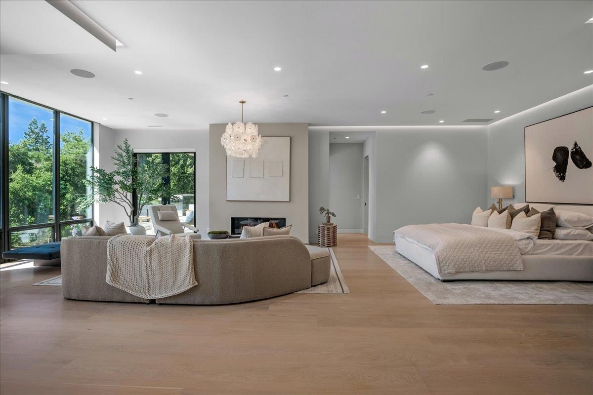 Chandelier, Fireplace, Interior, Living room, Recessed Lighting, Wood Texture Flooring