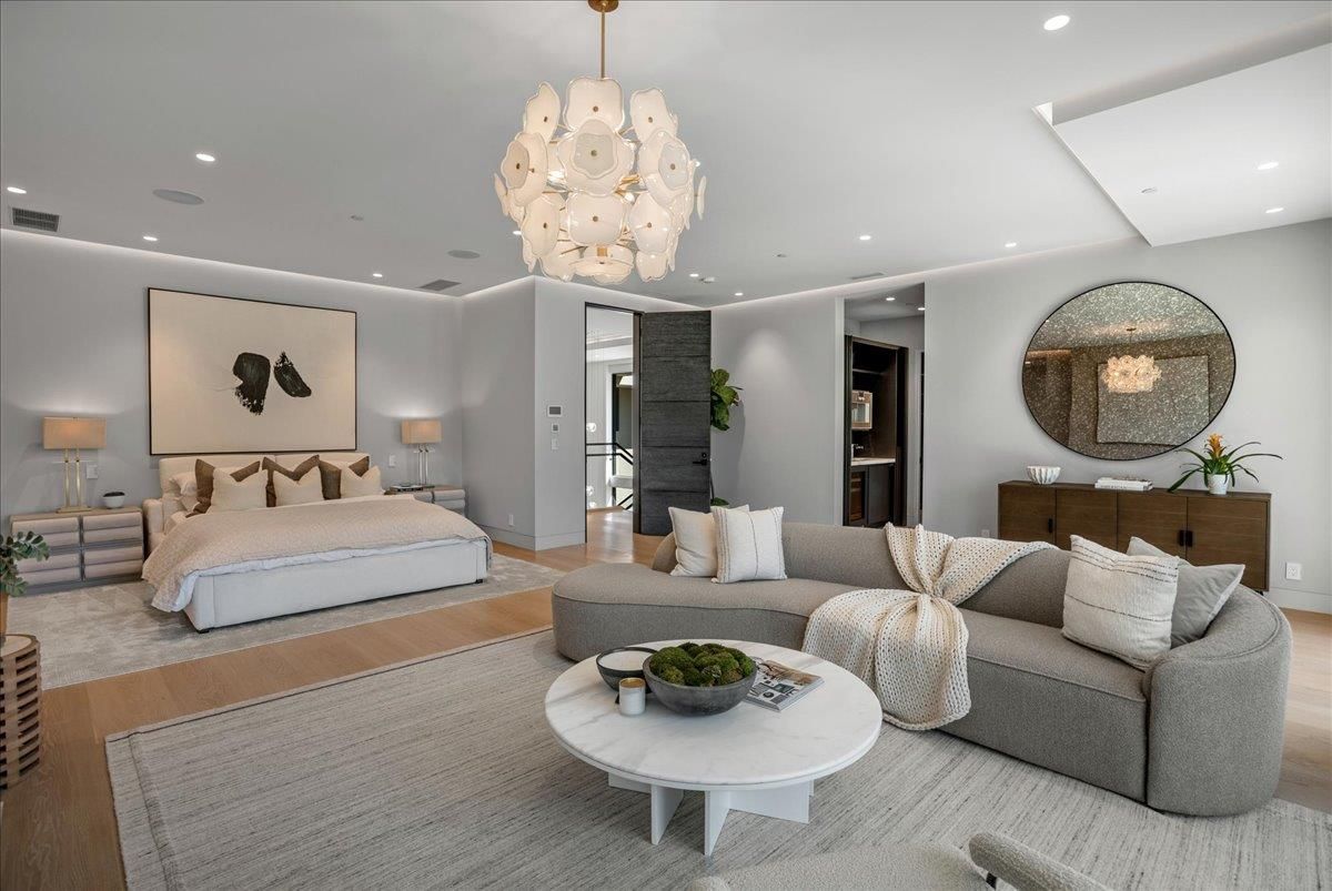 Bedroom, Chandelier, Interior, Living room, Pendant Lights, Recessed Lighting, Wood Texture Flooring