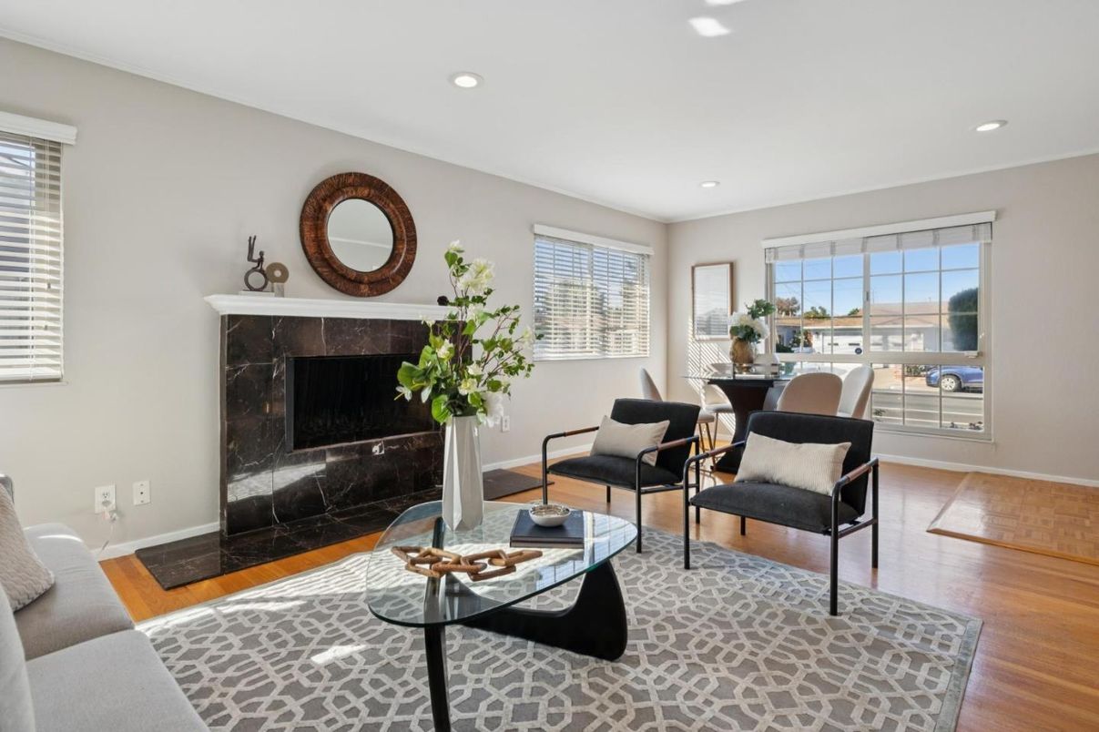 Dining room, Fireplace, Interior, Living room, Recessed Lighting, Wood Texture Flooring