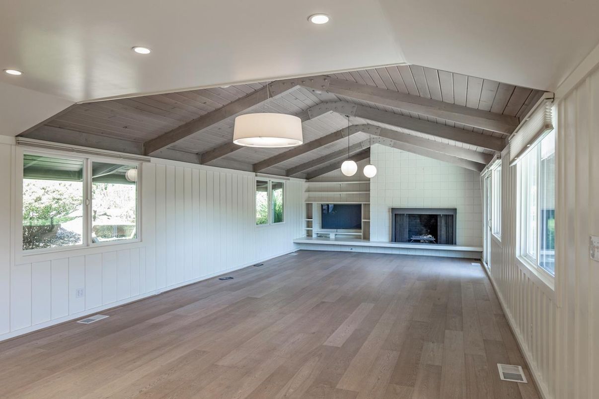 Empty room, Fireplace, Interior, Recessed Lighting, Wooden Beams, Wooden Ceilings, Wood Texture Flooring