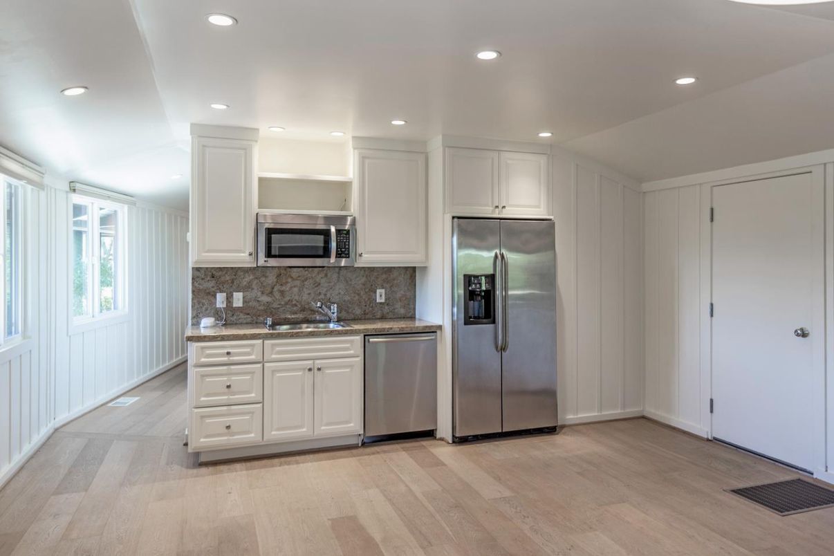 Interior, Kitchen, Recessed Lighting, Stainless Steel Appliances, Wood Texture Flooring