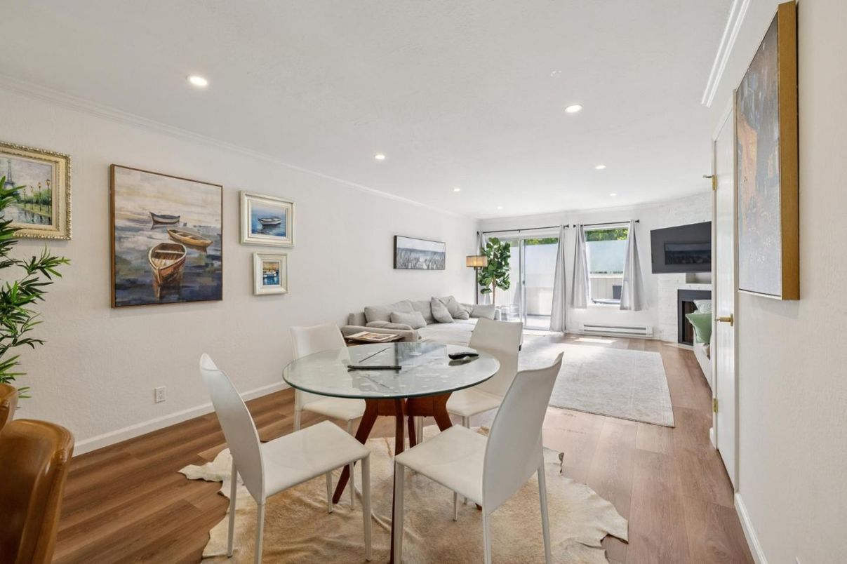 Dining room, Fireplace, Interior, Living room, Recessed Lighting, Wood Texture Flooring