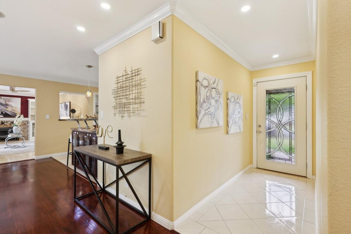 Fireplace, Interior, Pendant Lights, Recessed Lighting, Wood Texture Flooring