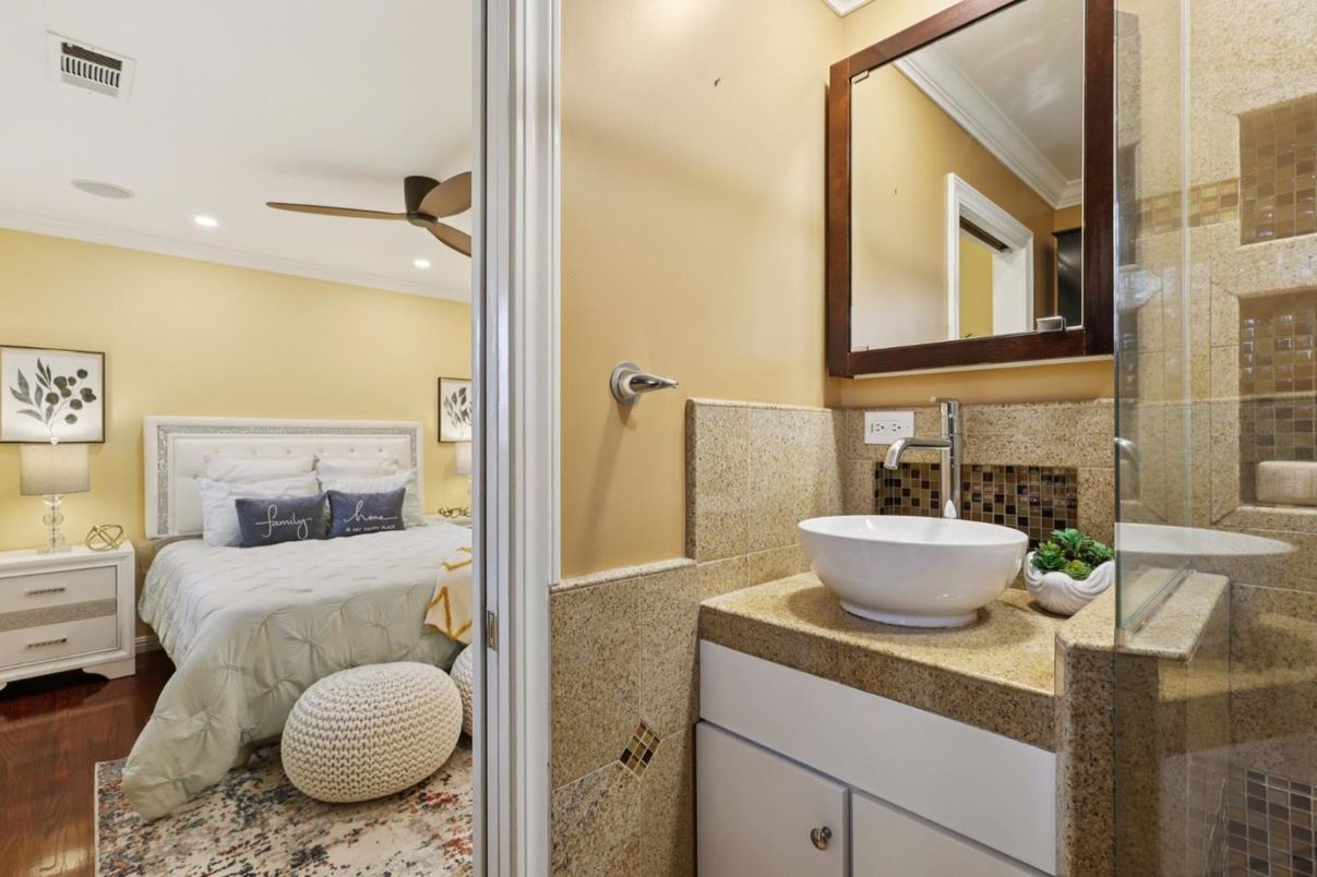 Bathroom, Bedroom, Glass Shower, Interior, Recessed Lighting, Wood Texture Flooring