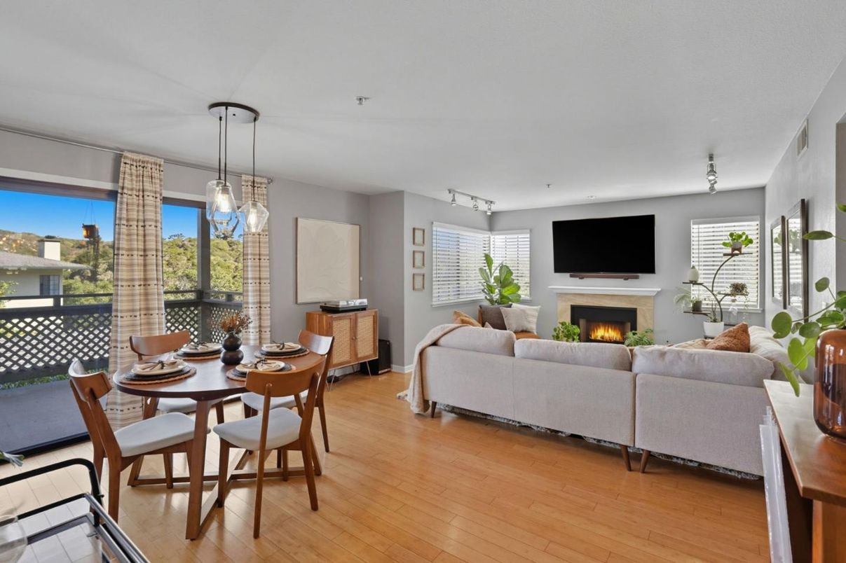 Dining room, Fireplace, Interior, Living room, Pendant Lights, Wood Texture Flooring