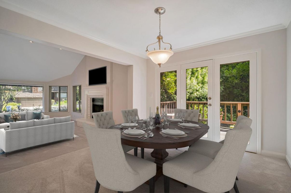 Dining room, Fireplace, Interior, Living room, Pendant Lights, Recessed Lighting