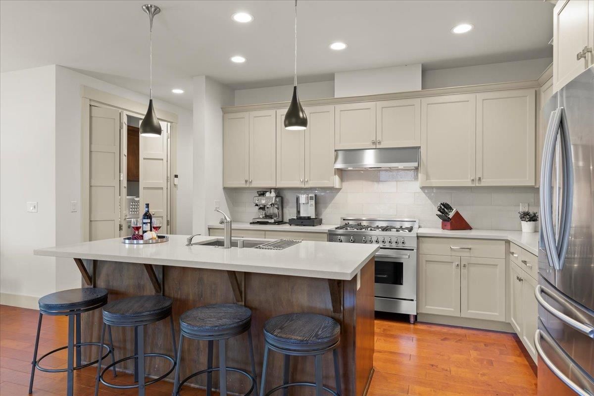 Interior, Kitchen, Pendant Lights, Recessed Lighting, Stainless Steel Appliances, Wood Texture Flooring