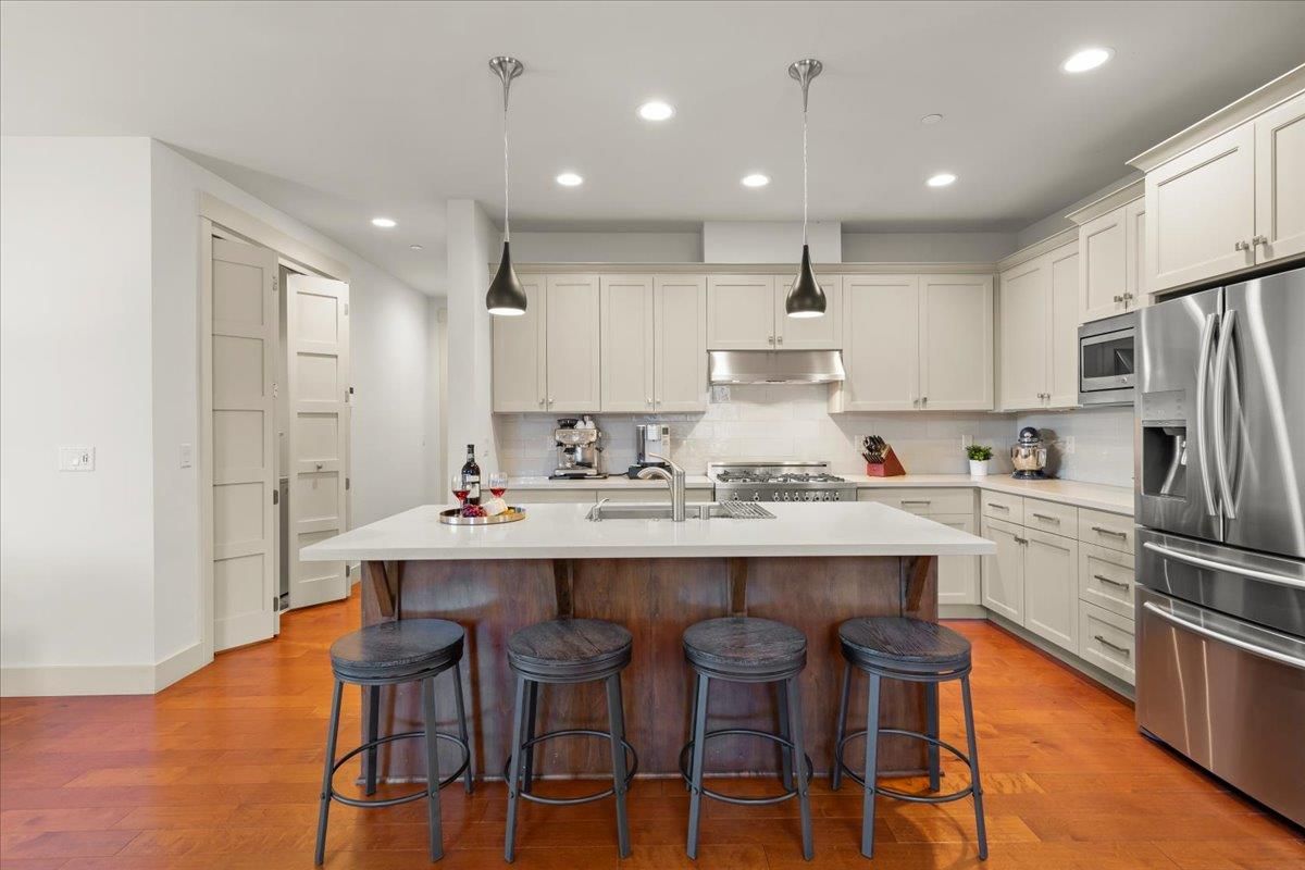 Interior, Kitchen, Pendant Lights, Recessed Lighting, Stainless Steel Appliances, Wood Texture Flooring