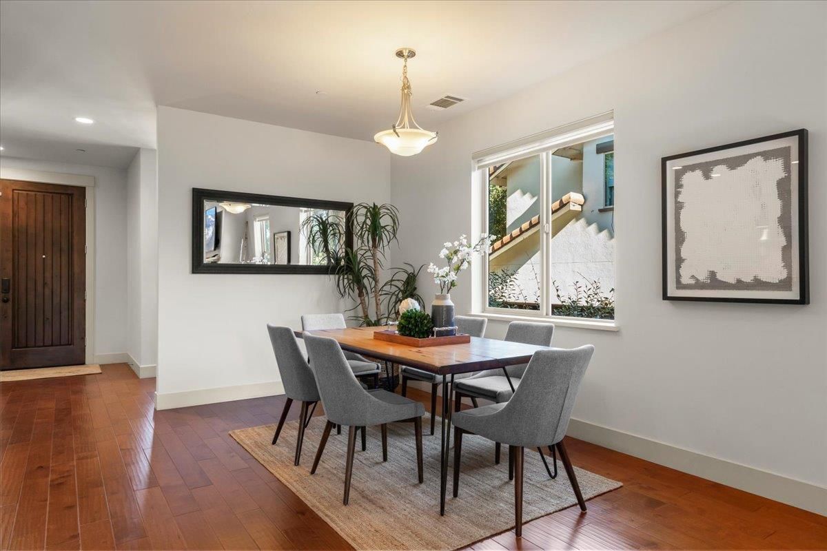 Dining room, Interior, Pendant Lights, Recessed Lighting, Wood Texture Flooring
