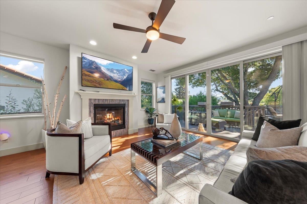 Fireplace, Interior, Living room, Recessed Lighting, Wood Texture Flooring