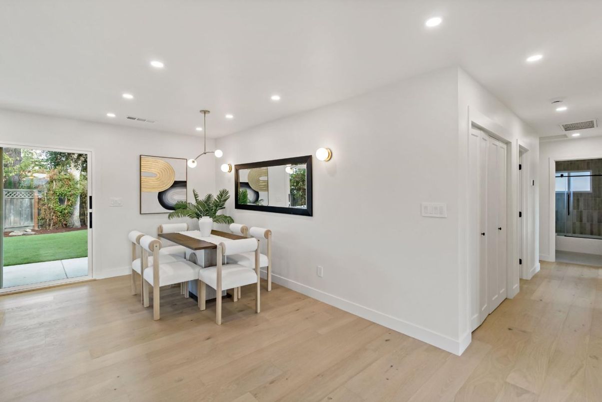 Dining room, Interior, Pendant Lights, Recessed Lighting, Wood Texture Flooring