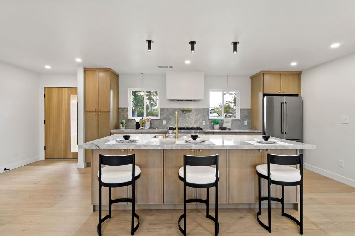 Interior, Kitchen, Pendant Lights, Recessed Lighting, Stainless Steel Appliances, Wood Texture Flooring