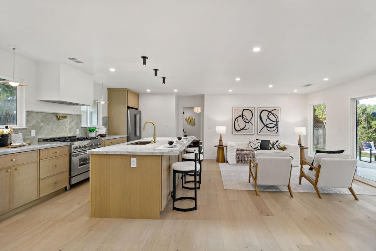 Interior, Kitchen, Living room, Pendant Lights, Recessed Lighting, Stainless Steel Appliances, Wood Texture Flooring