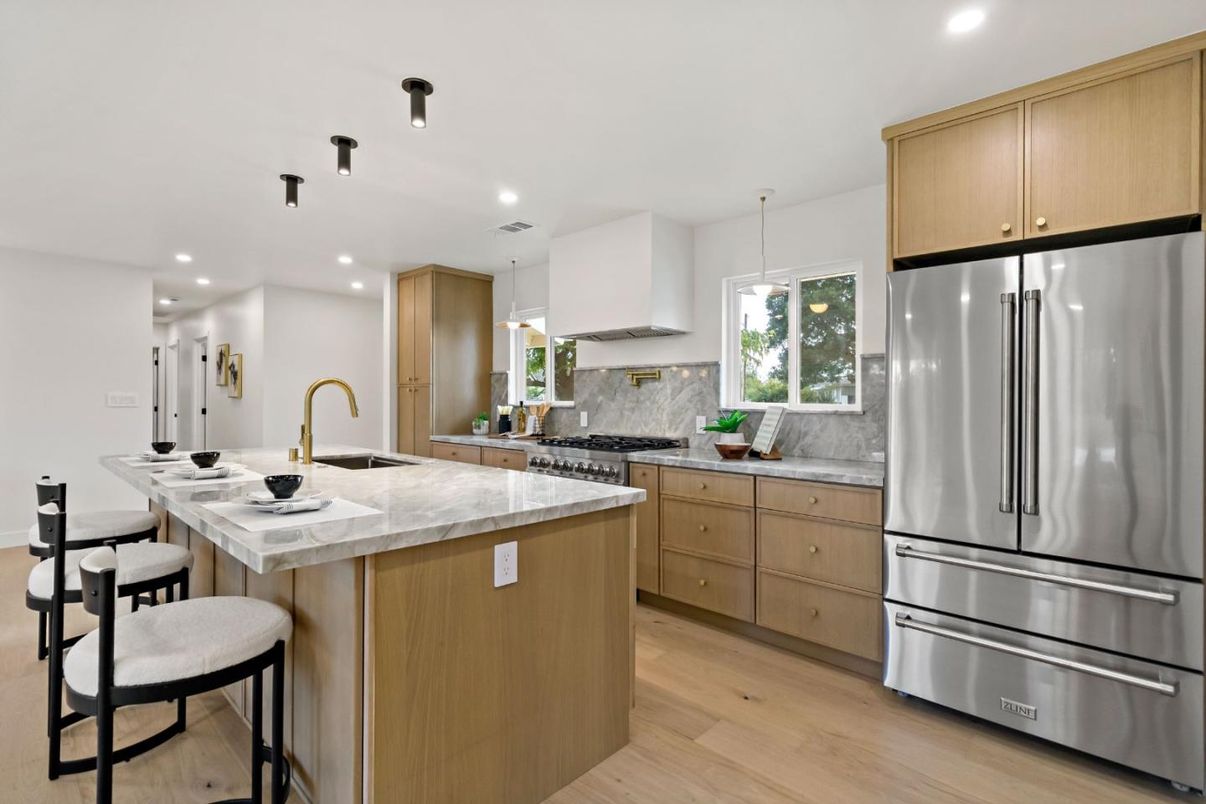 Interior, Kitchen, Pendant Lights, Recessed Lighting, Stainless Steel Appliances, Wood Texture Flooring