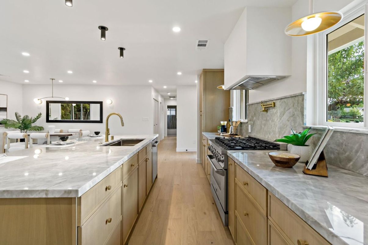 Interior, Kitchen, Pendant Lights, Recessed Lighting, Stainless Steel Appliances, Wood Texture Flooring