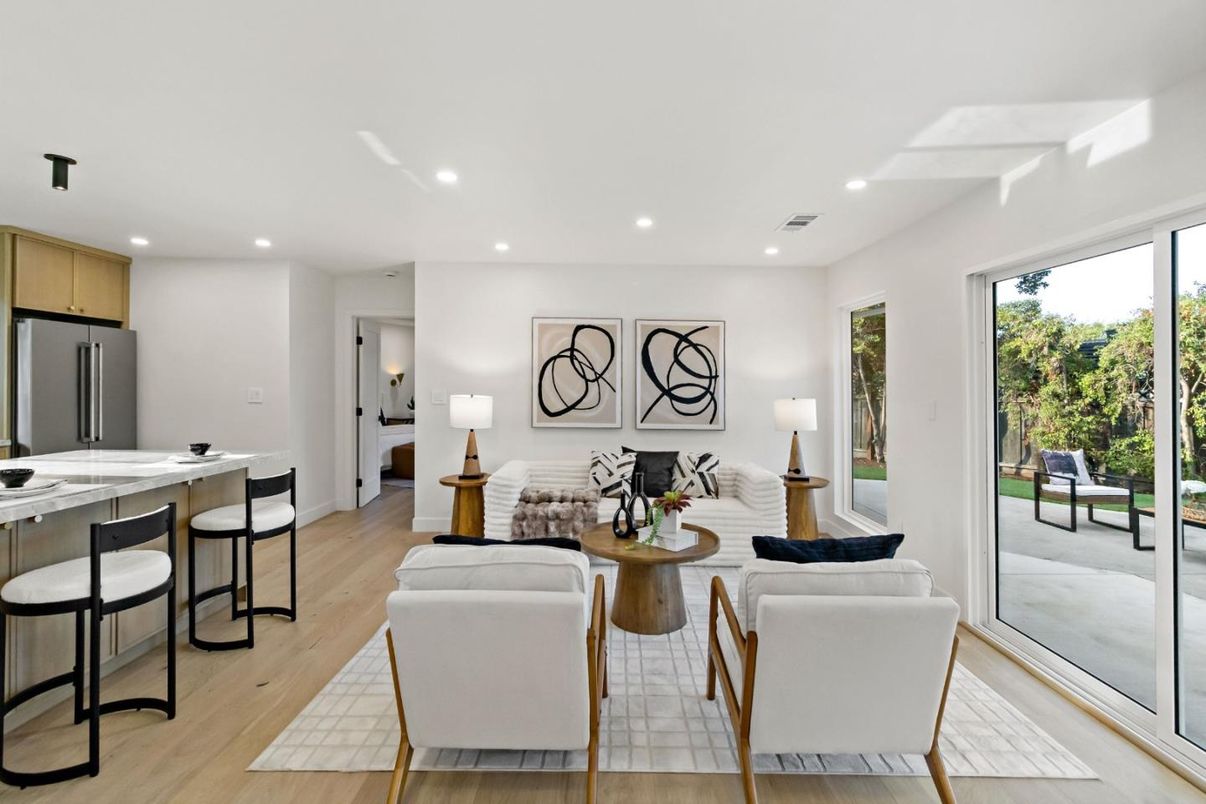 Interior, Kitchen, Living room, Recessed Lighting, Stainless Steel Appliances, Wood Texture Flooring