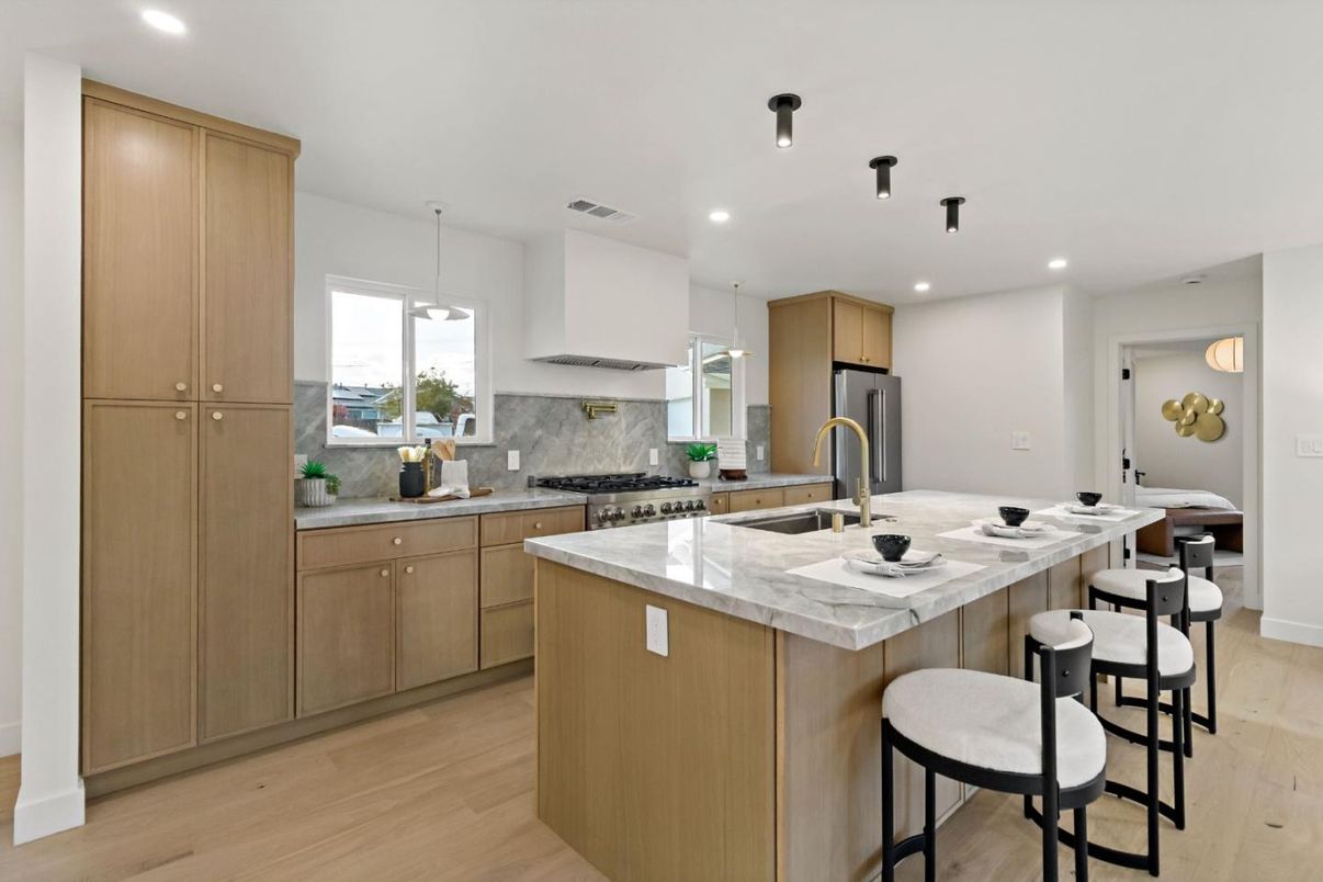 Interior, Kitchen, Pendant Lights, Recessed Lighting, Stainless Steel Appliances, Wood Texture Flooring