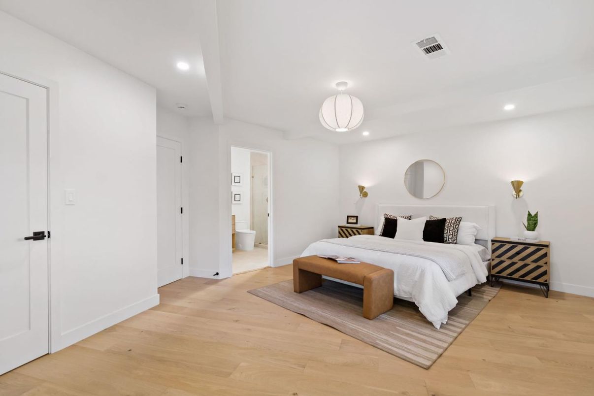 Bedroom, Interior, Pendant Lights, Recessed Lighting, Wood Texture Flooring