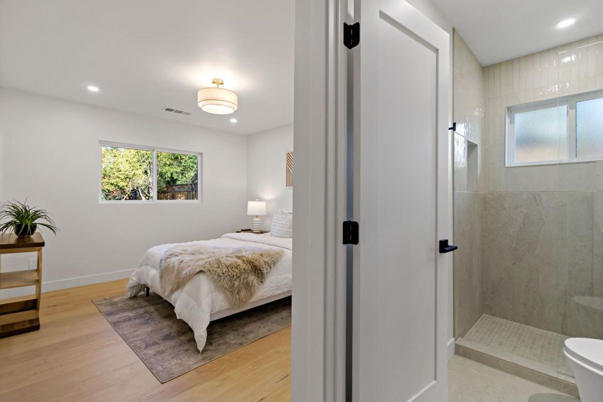 Bathroom, Bedroom, Glass Shower, Interior, Recessed Lighting, Wood Texture Flooring