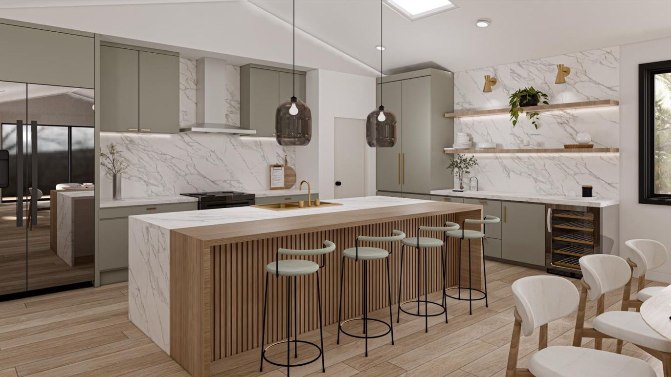 Interior, Kitchen, Marble Walls, Pendant Lights, Recessed Lighting, Wood Texture Flooring