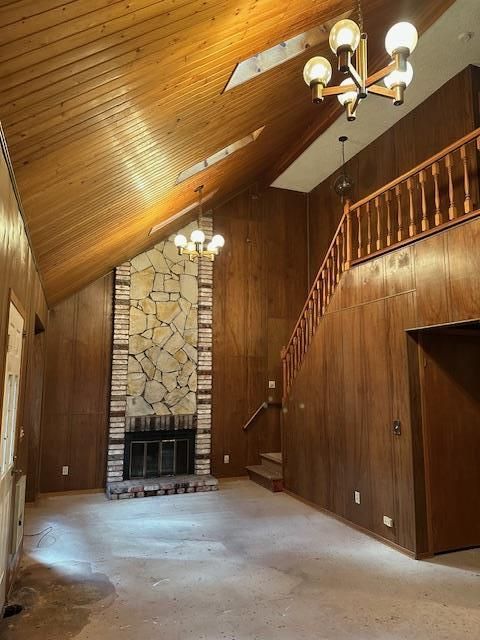 Chandelier, Empty room, Fireplace, Interior, Stone Walls, Wooden Ceilings, Wooden Walls