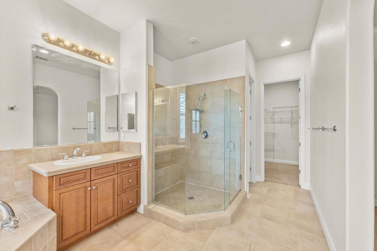 Bathroom, Dual Sink Vanities, Glass Shower, Interior, Recessed Lighting, Tile Countertops