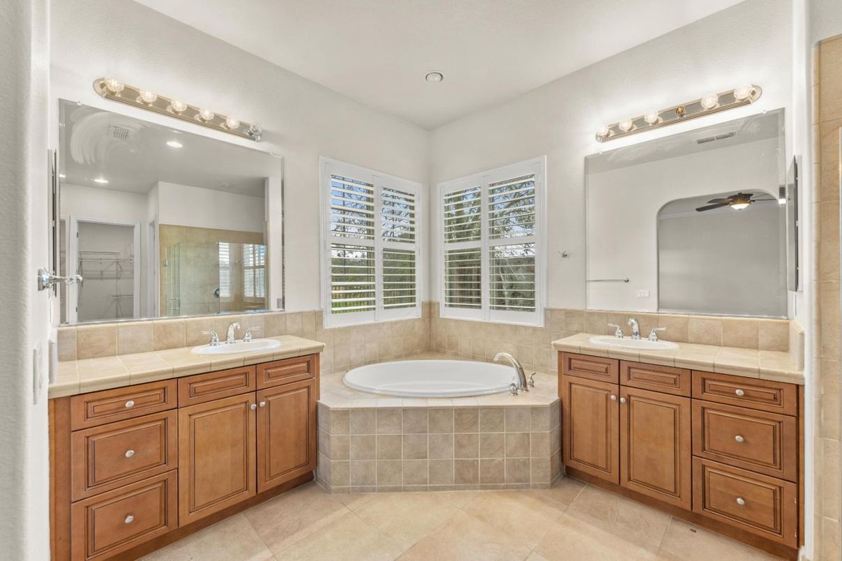Bathroom, Dual Sink Vanities, Interior, Recessed Lighting, Tile Countertops