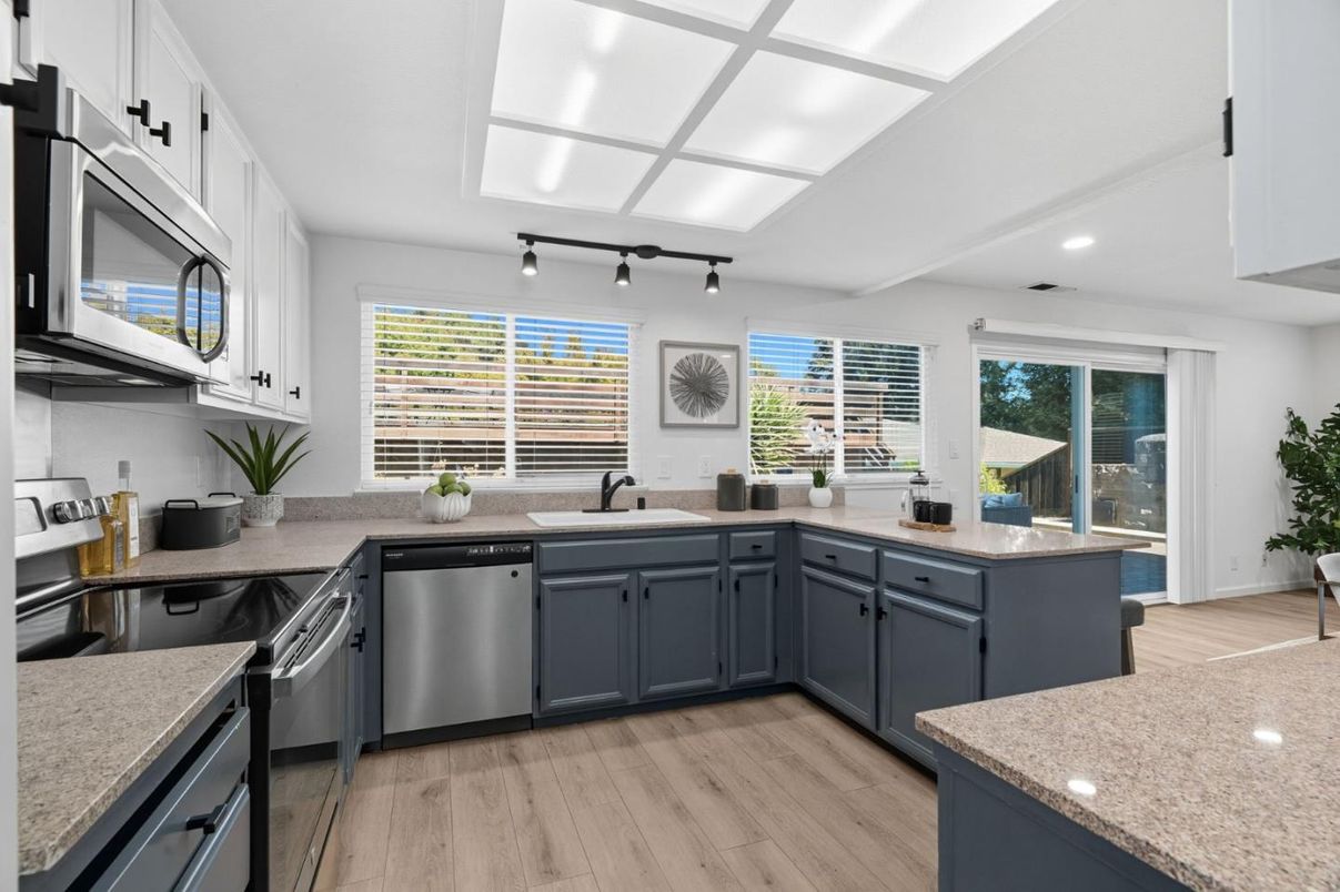 Interior, Kitchen, Recessed Lighting, Stainless Steel Appliances, Wood Texture Flooring