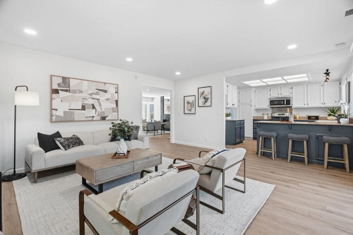 Interior, Kitchen, Living room, Recessed Lighting, Stainless Steel Appliances, Wood Texture Flooring