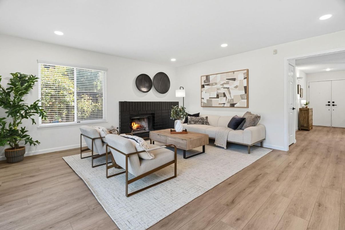 Fireplace, Interior, Living room, Recessed Lighting, Wood Texture Flooring