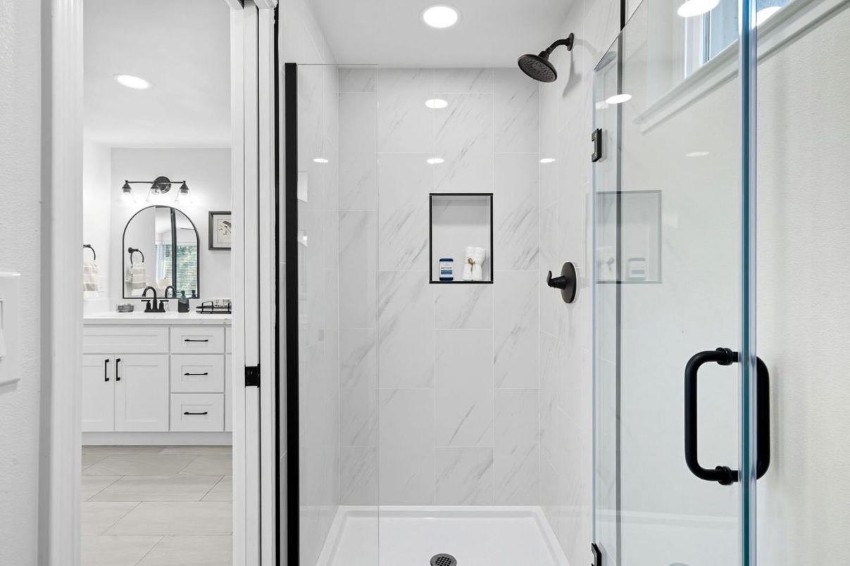 Bathroom, Glass Shower, Interior, Marble Walls, Recessed Lighting