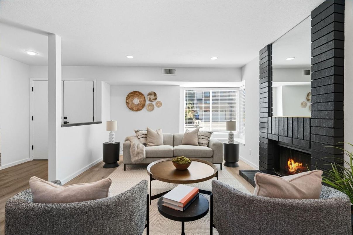 Fireplace, Interior, Living room, Recessed Lighting, Wood Texture Flooring